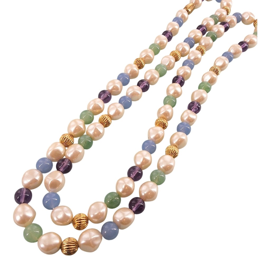 Vintage Runway Pastel Beaded Necklace Faux Pearl Statement Opera Length